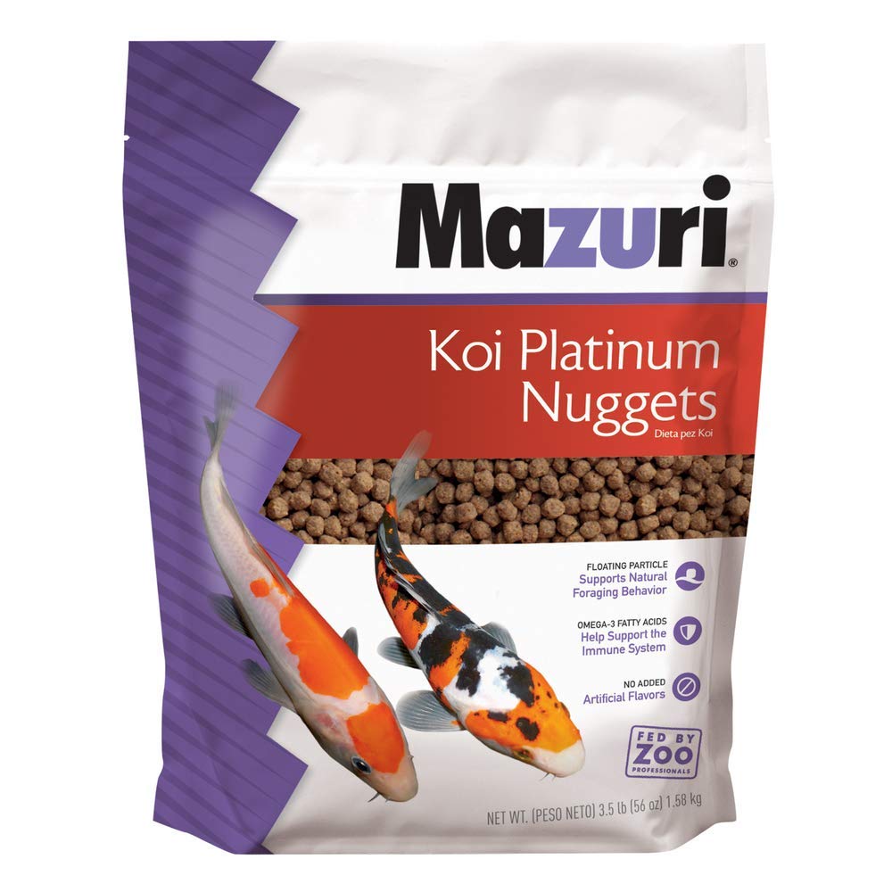 Mazuri Koi Platinum Nuggets, alimento flotante para koi, facilita la alimentación natural.