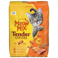 Meow Mix centros tiernos frente del empaque, sabono samon y pollo para gatos.