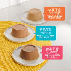 Paté en Gravy Meow Mix pollo y ternera, proteína sabrosa.