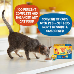 Meow Mix Tenders en Salsa, visual de taza práctica para la hora de comer.