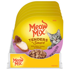 Meow Mix Tenders en Salsa, copa de pavo, lista para servir sin abrelatas.