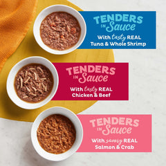 Meow Mix Tenders en Salsa Salmón y Cangrejo, sabor delicioso para gatos activos