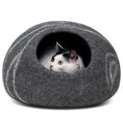 MEOWFIA Cueva de gato en lana merino gris oscuro, refugio cálido para interiores.