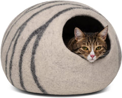 MEOWFIA Cueva para Gatos: interior de lana merino suave para descanso cómodo.