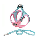 Mercano harnais maille douce rose et bleu pour balades confortables.
