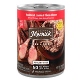 Merrick alimento enlatado sin cereales con res, cordero y bisonte para perros adultos.