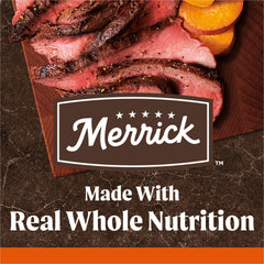 Alimento premium Merrick para perros adultos: ternera real y patata dulce.