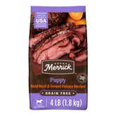 Merrick alimento seco para cachorros sin granos con ternera texana, soporte de energía diaria.