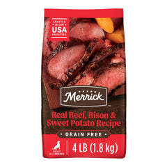 Merrick alimento seco para perro adulto sin granos con carne deshuesada real como ingrediente principal.