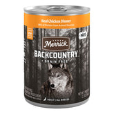 Merrick Backcountry con pollo real en lata, proteína de calidad para perros.