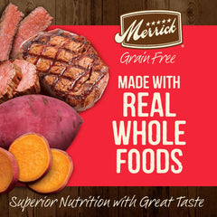Croquetas Merrick sin granos con res y batata para piel y pelaje saludables.