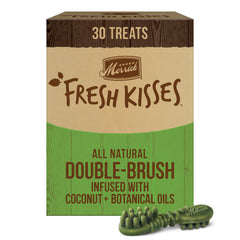 Merrick Fresh Kisses: masticables dentales con coco y botánicos para aliento fresco.