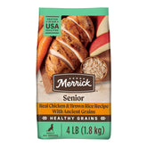Merrick Healthy Grains Senior: croqueta de pollo real como primer ingrediente para energía sostenida.