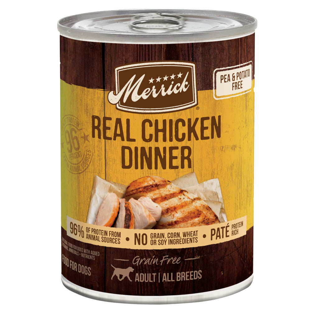 Merrick-lata-pollo-real-cena ofrece comida completa con pollo real en lata.
