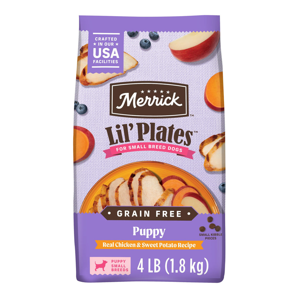 Merrick Lil’ Plates alimento seco para cachorros pequeños con pollo desmenuzado y batata.