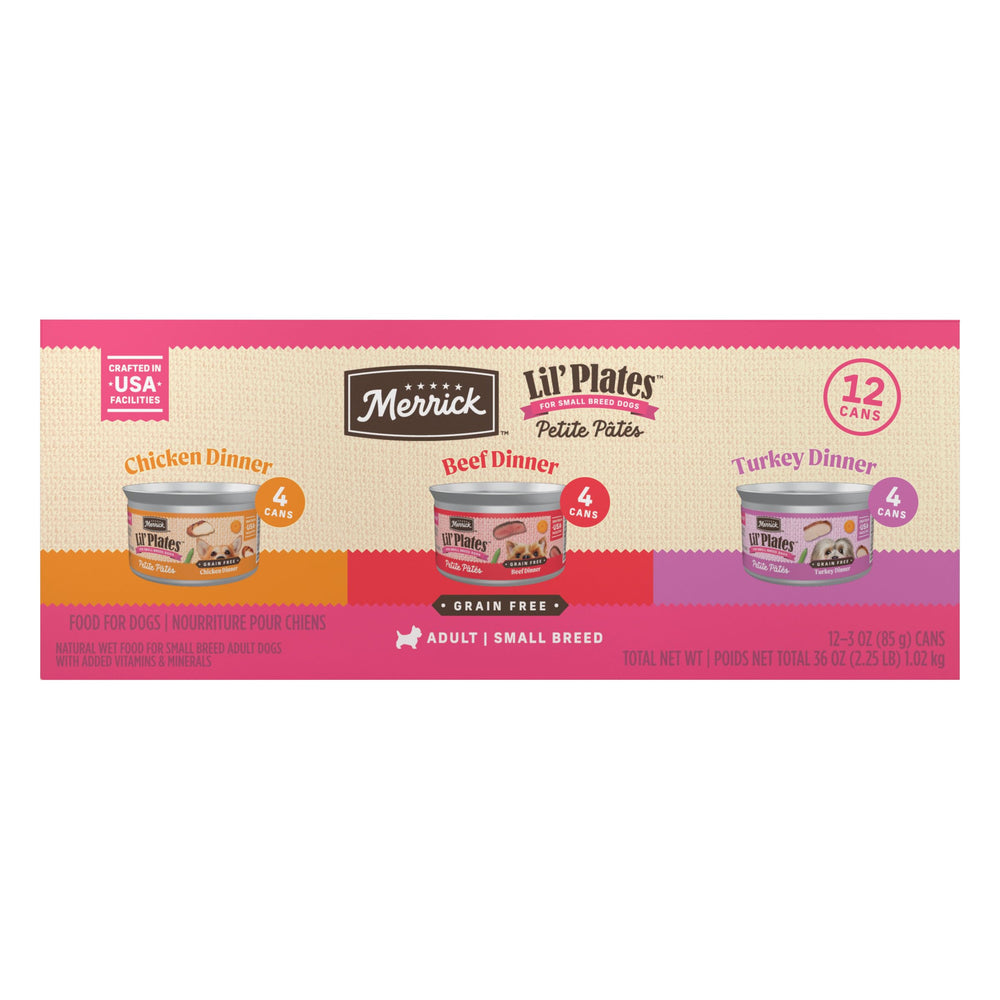 Merrick Lil’ Plates sin granos: porciones adecuadas para perros pequeños con lata de 85 g.