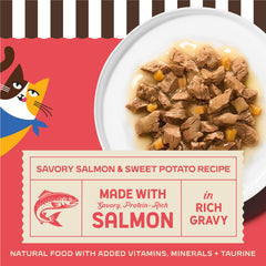 Lata Merrick Purrfect Bistro en salsa con salmón real y batata, textura jugosa.