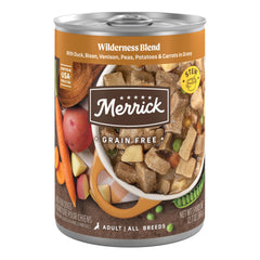 Merrick Wilderness Blend en lata de 12.7 oz abierta, lista para servir en casa
