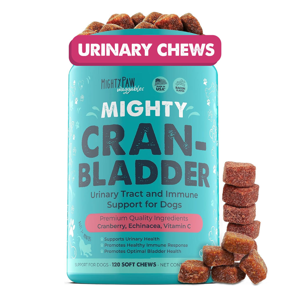 Mighty Paw Cran-Bladder, botella con arándano para apoyar la salud urinaria diaria de tu perro.
