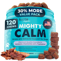 Mighty Paw Calming Chews melatonin bottle helps dogs stay relaxed.