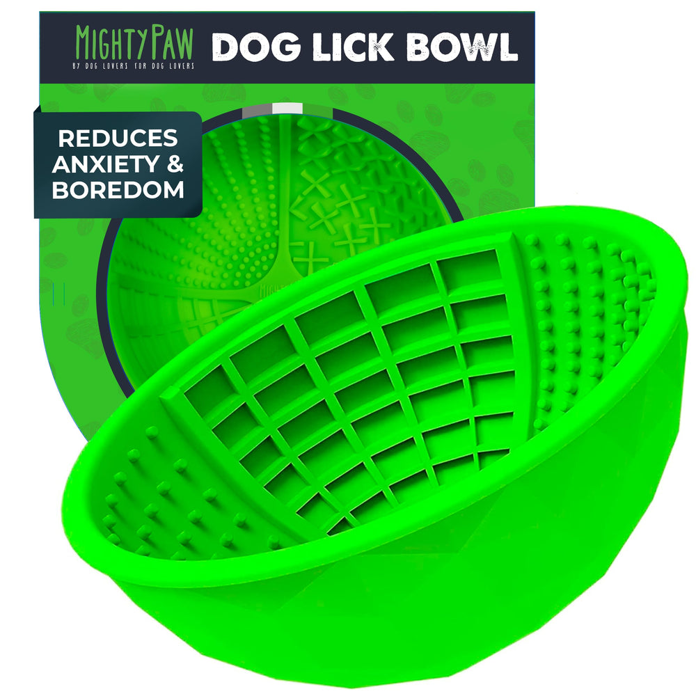 Mighty Paw Dog Lick Bowl con textura superior para lamido calmante y juego interactivo.