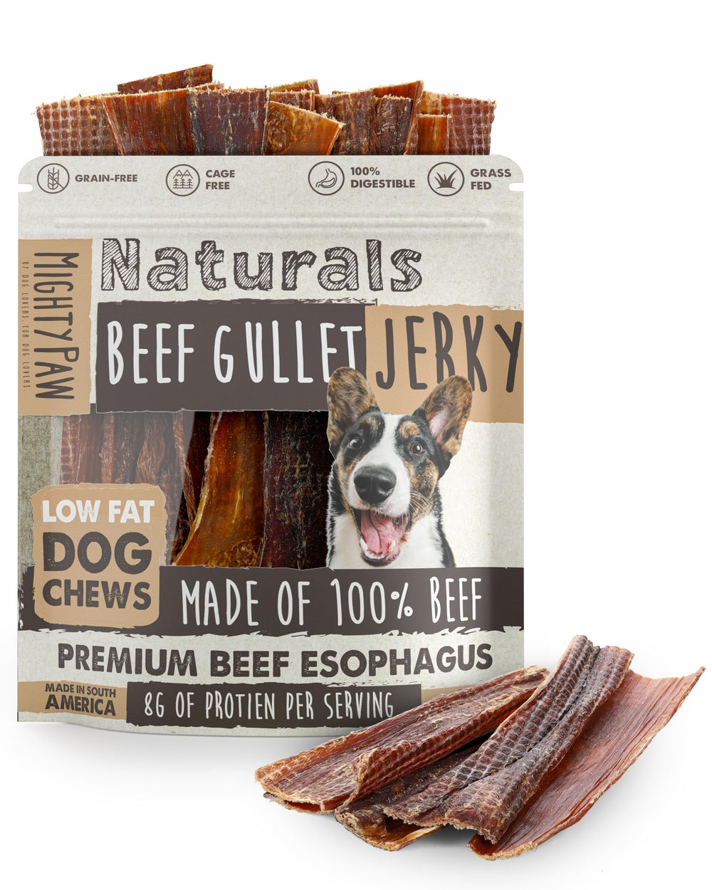 Mighty Paw jerky de esófago de res en paquete de 14 oz, snack sabroso para perros.
