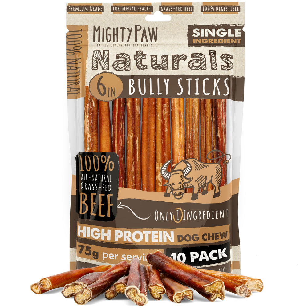 Mighty Paw Naturals Bully Stick de 6 pulgadas, ideal para masticación controlada.