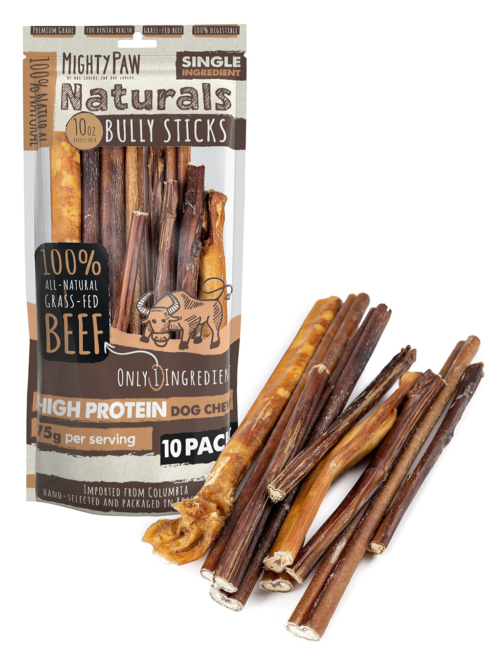 Mighty Paw Naturals Conjunto Variado: palitos masticables de carne vacuna.