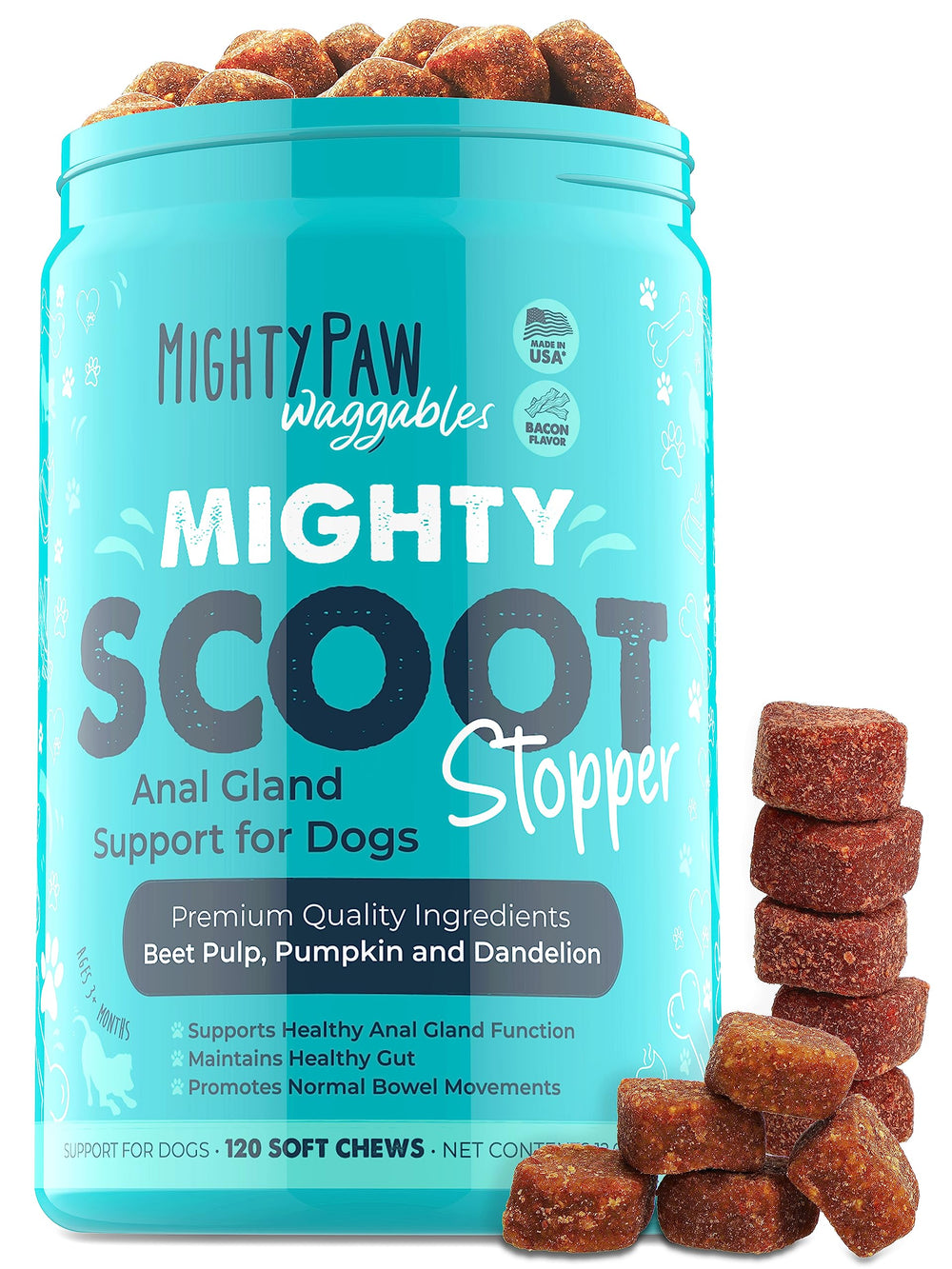Mighty Scoot en frasco, masticables para apoyo digestivo en perros