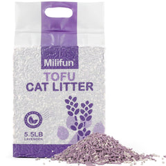 MILIFUN Arena tofu para gatos lavanda: aroma suave y aglomeración rápida.