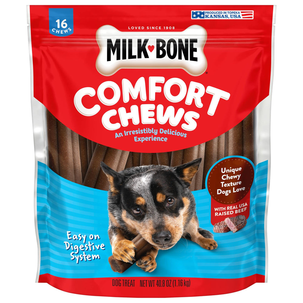 Milk-Bone Comfort Chews en bolsa de 40.8 oz con textura masticable para entretenimiento prolongado.