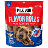 Milk-Bone Flavor Rolls en empaque, snack libre de cuero crudo para perros.