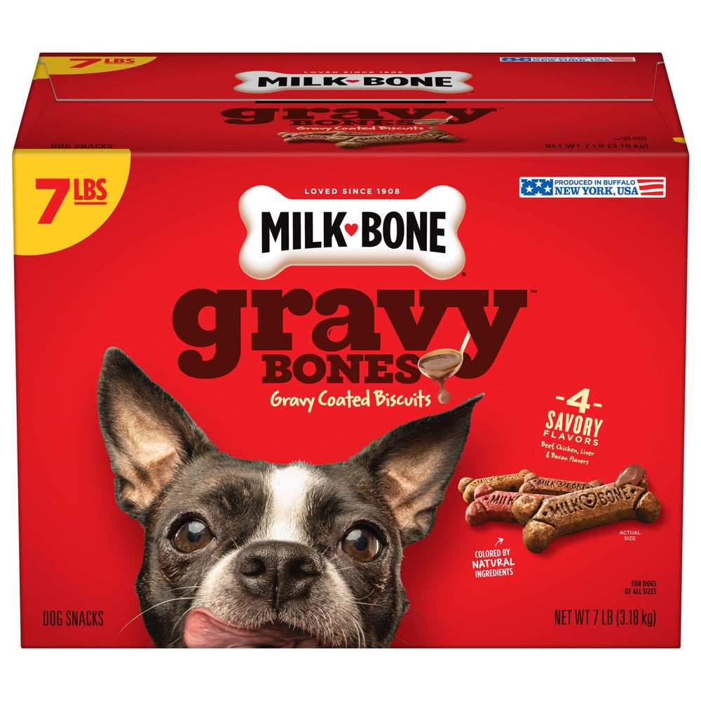 Milk-Bone Gravy Bones sabor res bañado en salsa, textura crujiente.