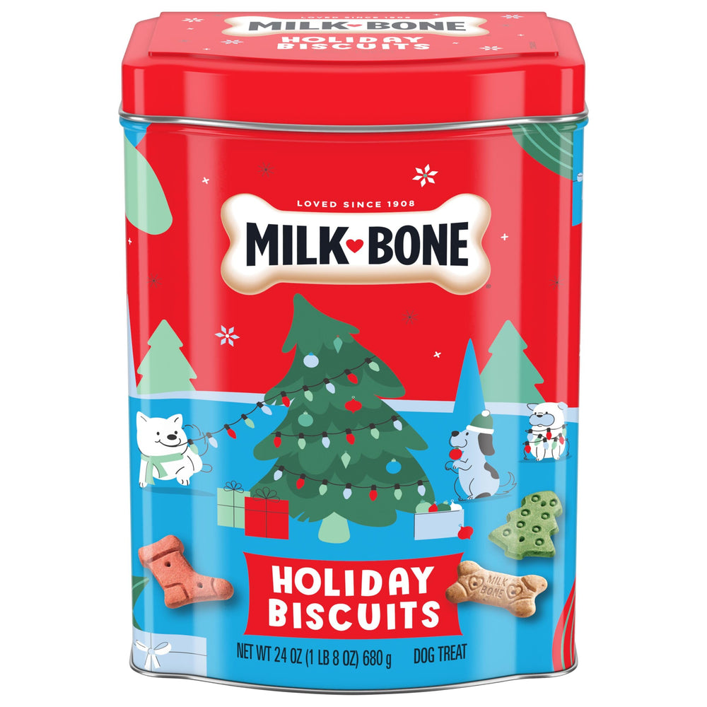 Milk-Bone Lata navideña de 24 oz, almacenamiento reutilizable para golosinas para perros.