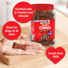 Milk-Bone Soft Chewy texture, easy-to-digest dog treats for small and large dogs.