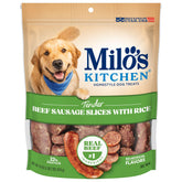 Milo's Kitchen: bolsa de 18oz con salchichas de res con arroz, snack sabroso para perros.