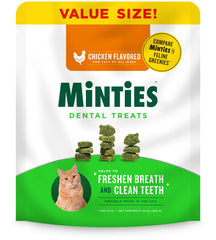 Minties cat dental treats in chicken flavor packaging for easy daily dental care
