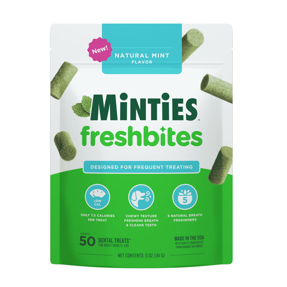 Minties FreshBites bocadito dental suave para masticación agradable y refrescante.