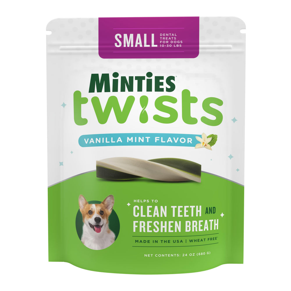 Minties Twists, hueso dental para perros pequeños, promueve aliento fresco y limpieza dental.