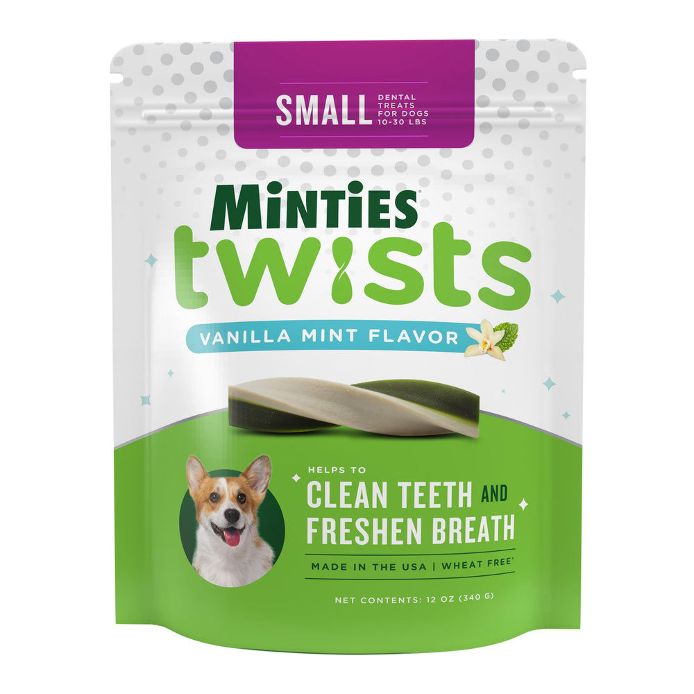 Minties Twists VetIQ empaque 12 onzas para uso diario en hogares con perros pequeños.