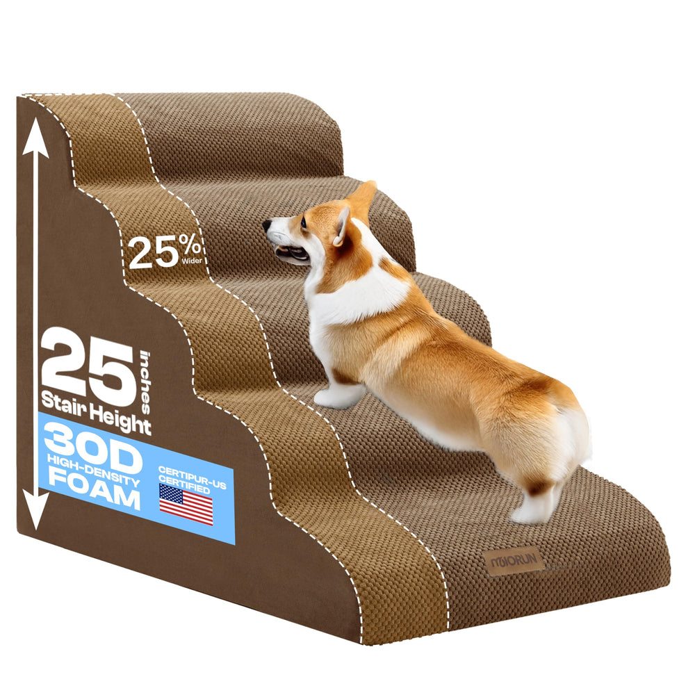 Escaleras Miorun para perros con ancho extra junto a cama alta.
