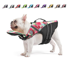 Chaleco salvavidas para perros Mklhgty, vista frontal, flotación extra para nadar seguro.