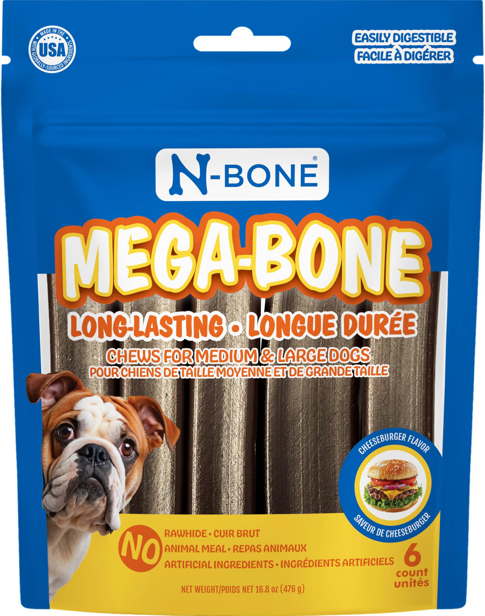 N-Bone Mega-Bone sabor hamburguesa con queso, empaque visible para recompensa diaria.