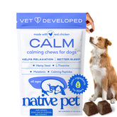 Native Pet Calming Chews para perros grandes, vista frontal del envase y sensación de calma