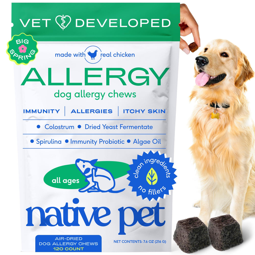 Native Pet Dog Allergy Chews empaque visible, fácil de abrir para el día a día del perro.