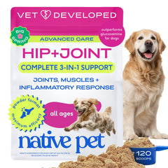 Native Pet polvo de articulaciones en frasco con dosificador para mezclar con comida.