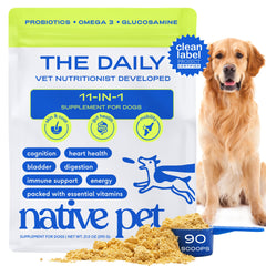 Native Pet The Daily Dog Vitamins 11-en-1 tarro, apoyo diario para perros.