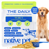 Native Pet vitaminas diarias para perros en bote, apoyo constante.