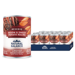 Natural Balance Reserve en lata con bisonte y batata, proteína única para músculos.