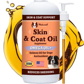 Natural Dog Company Aceite para piel y pelaje, botella con dispensador para dosificar fácilmente.